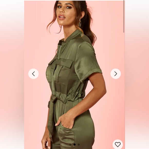 Glamorous Khaki Satin Utility Jumpsuit - Picture 4 of 5